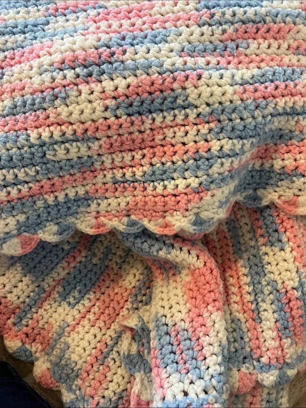 Handmade Pastel Crochet Throw Blanket - Pink, Blue & Cream